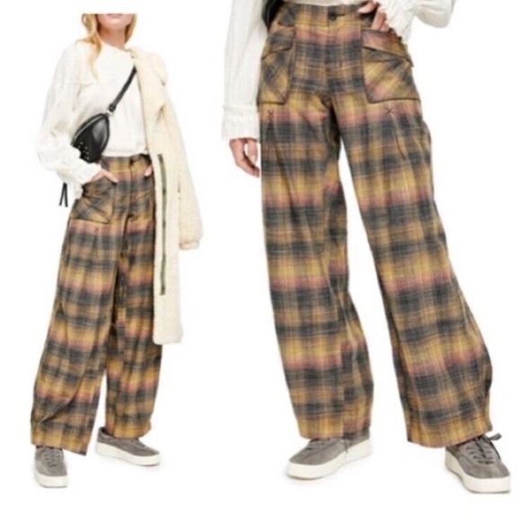 Free People Pants - NWT 108$ Free People Plaid Wide Leg Moss Combo Cargo Pants 6